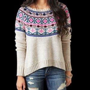 American Eagle Fair Isle Sweater Cream Multicolour Pullover Knit Size M